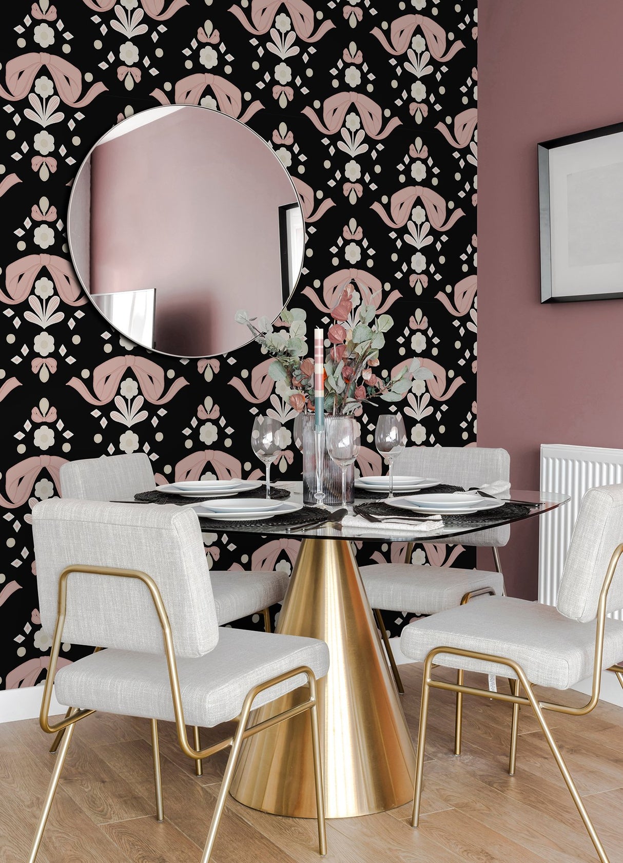 Bow Damask Black Peel & Stick Wallpaper with Pink Ribbon Bow Damask Pattern, Eclectic Style - LSS4956