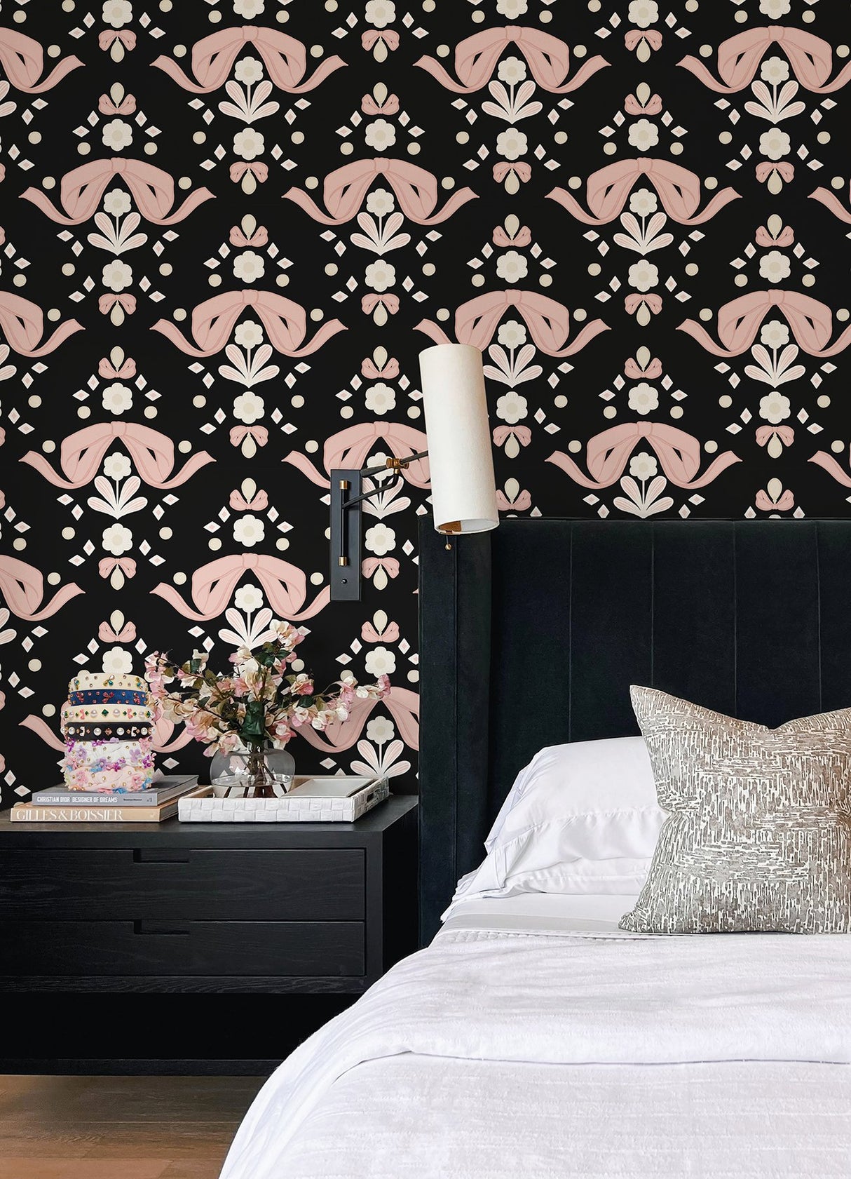 Bow Damask Black Peel & Stick Wallpaper with Pink Ribbon Bow Damask Pattern, Eclectic Style - LSS4956