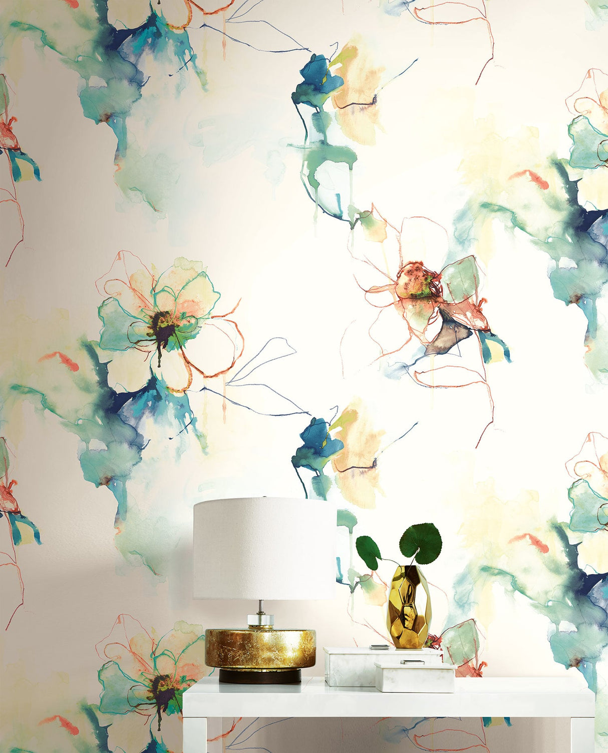 Anemone Turquoise and Persimmon by Living with Art Watercolor Floral Wallpaper – Seabrook Designs LW50006
