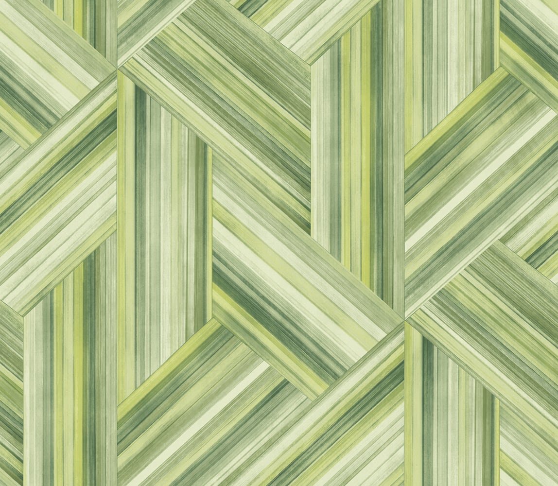 Green geometric inlay pattern wallpaper in chartreuse and basil tones with a matte finish.