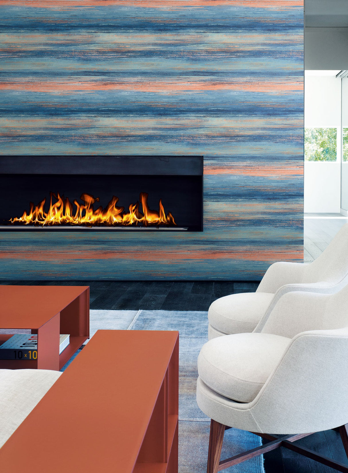 Sunset Stripes Blueberry and Vermillion Orange by Living with Art Stripe Wallpaper – Seabrook Designs LW50406