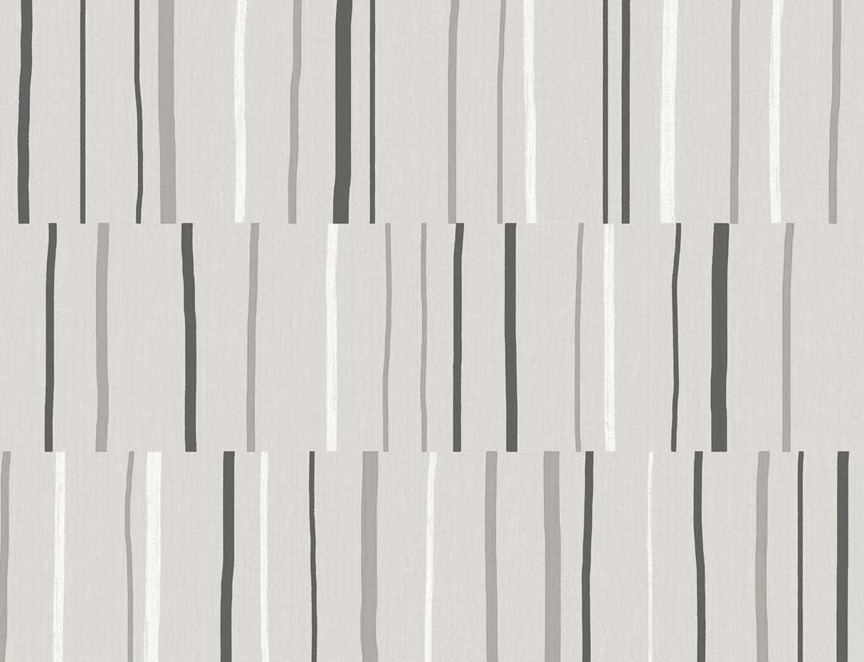 Block Lines wallpaper in Warm Stone featuring vertical grey and off-white line blocks with a modern geometric layout.