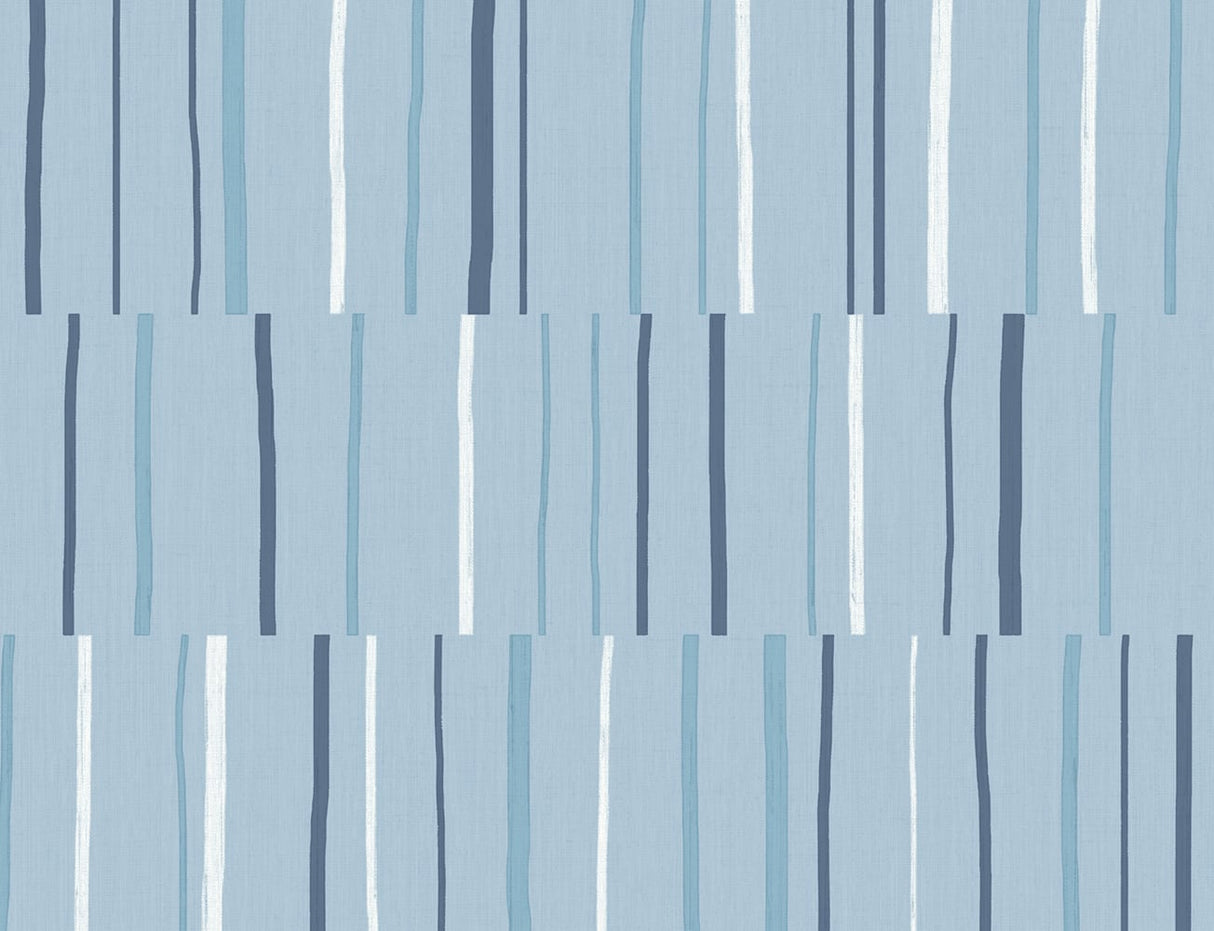 Block Lines geometric vertical line wallpaper in bluebird, navy and glacier white.
