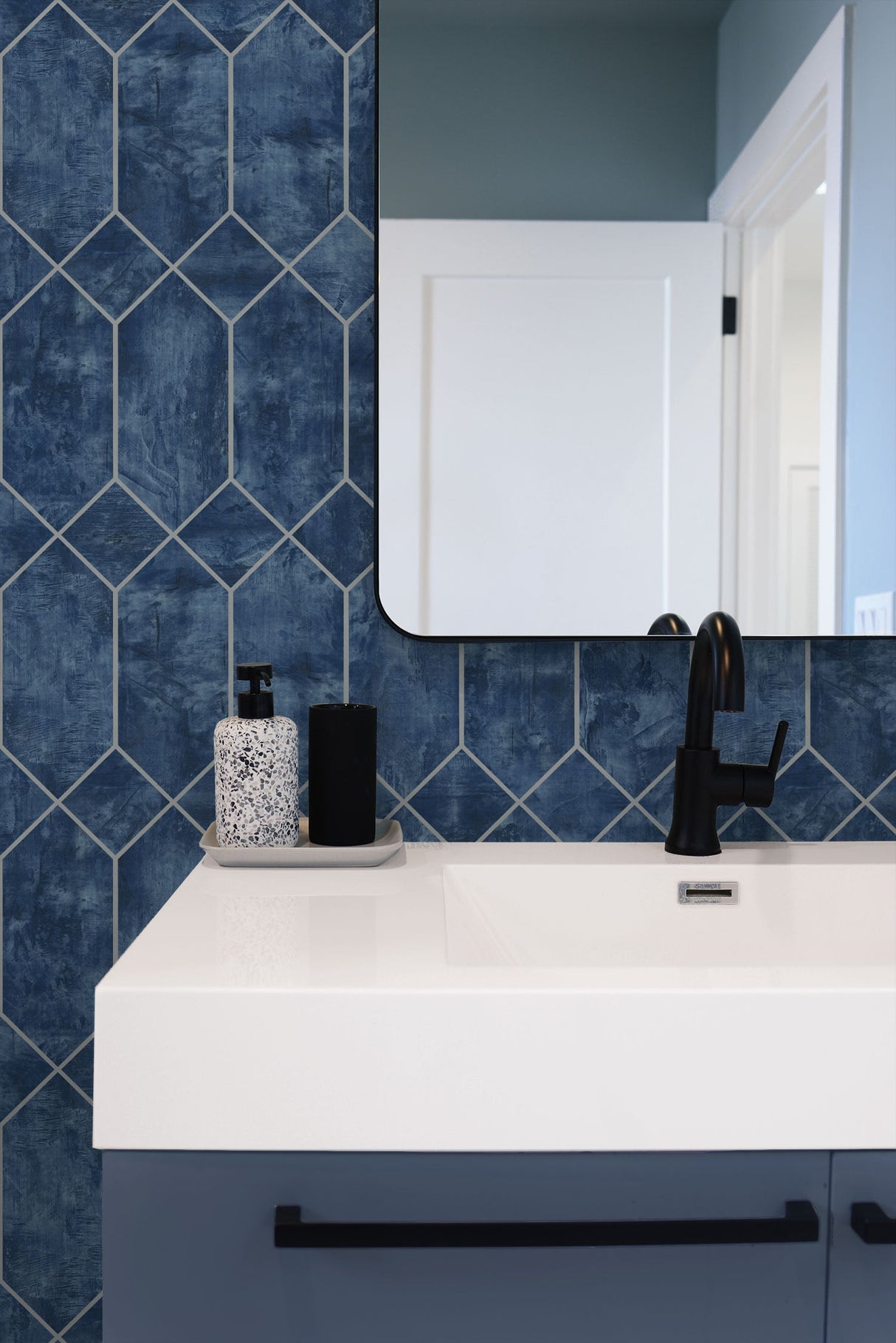Geo Faux Denim Blue and Metallic Silver by Living with Art Geometric Metallic Wallpaper – Seabrook Designs LW51602