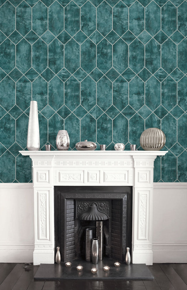 Geo Faux Emerald and Metallic Silver by Living with Art Geometric Wallpaper – Seabrook Designs LW51604
