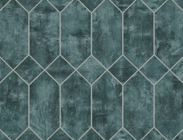 Geo Faux wallpaper in emerald with metallic silver geometric pattern