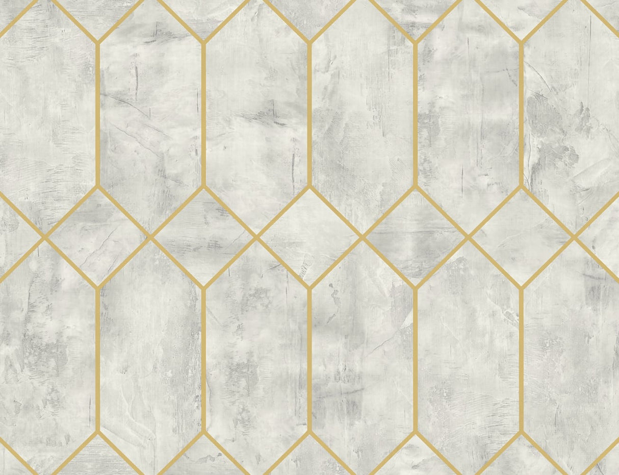 Geo Faux geometric wallpaper in Silver Birch with metallic gold linework, 27-inch wide.