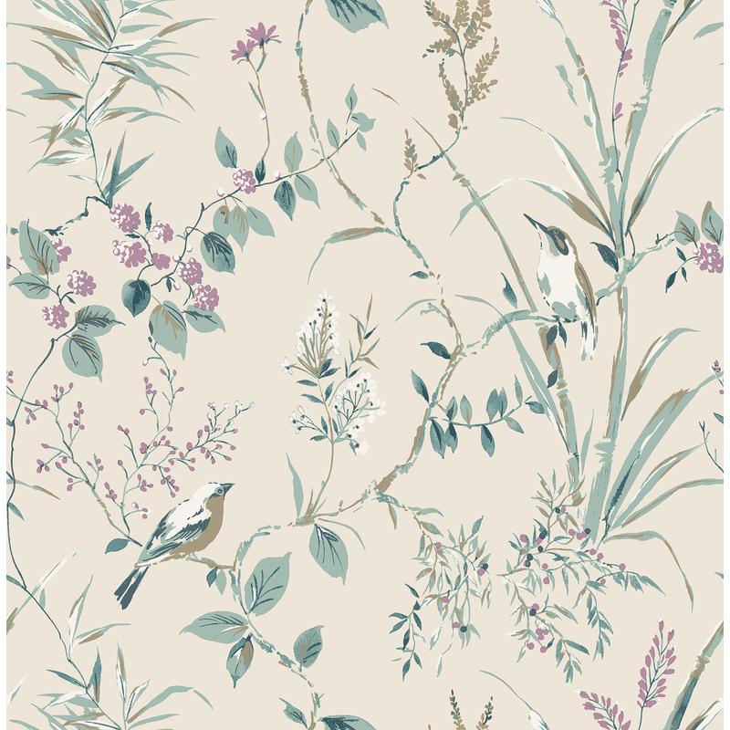 Fine Decor Mariko Teal Botanical Wallpaper pattern with birds and vines, roll detail