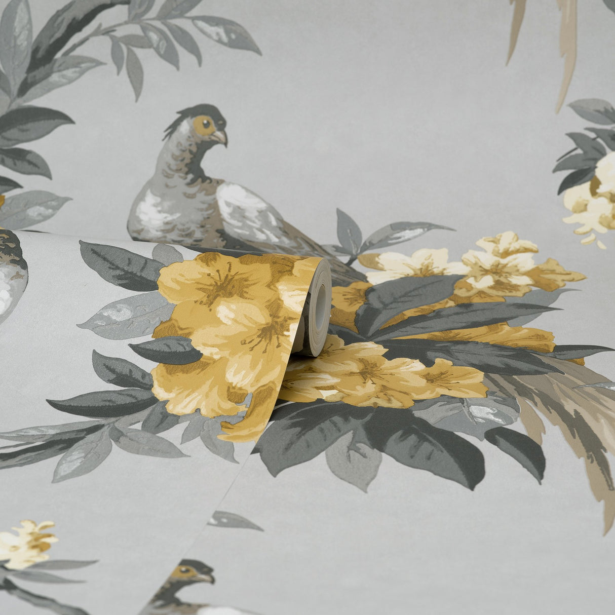 Golden Pheasant Grey Floral Wallpaper with Large-Scale Birds and Blossoms - Brewster M1662