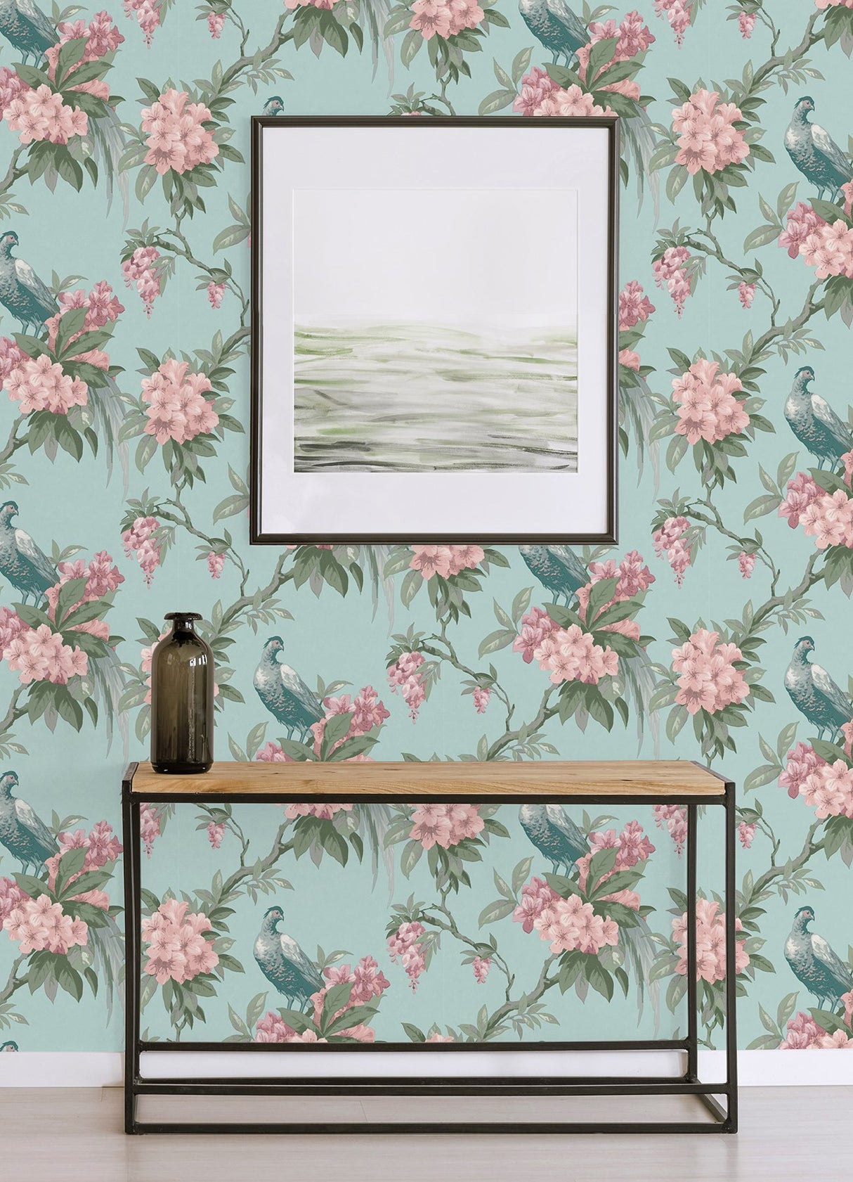 Golden Pheasant Aqua Floral Wallpaper with Botanical Bird Motif - Brewster M1663