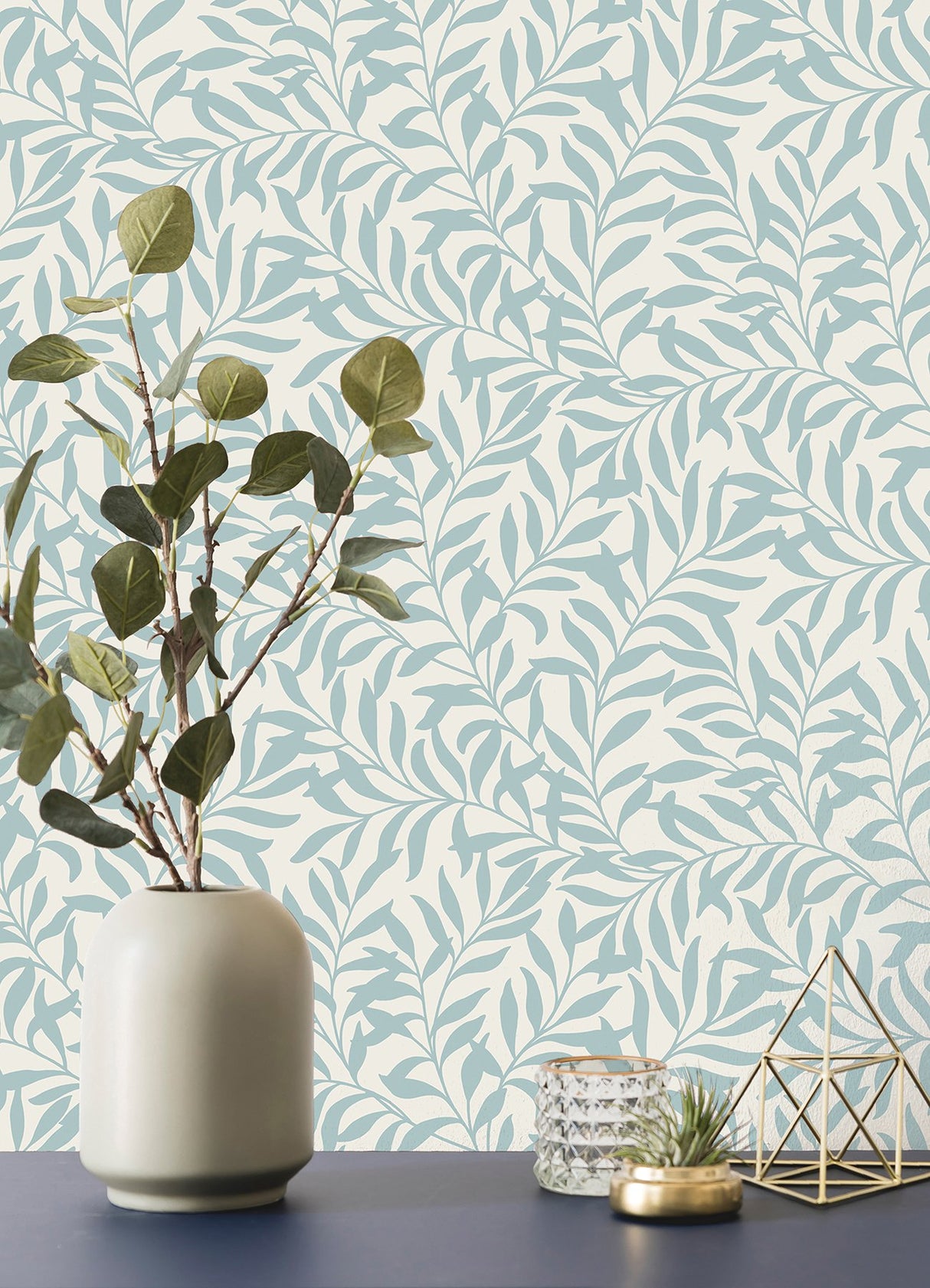Salix Light Blue Leaf Wallpaper with Botanical Leaves Pattern, Traditional Unpasted Non Woven - Brewster M1669