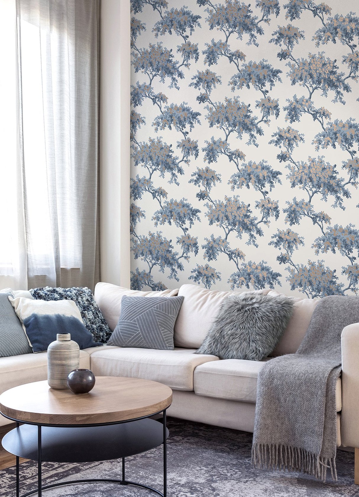 Ashdown Dark Blue Tree Wallpaper with Botanical Trees Pattern, Modern Unpasted Non Woven - Brewster M1672