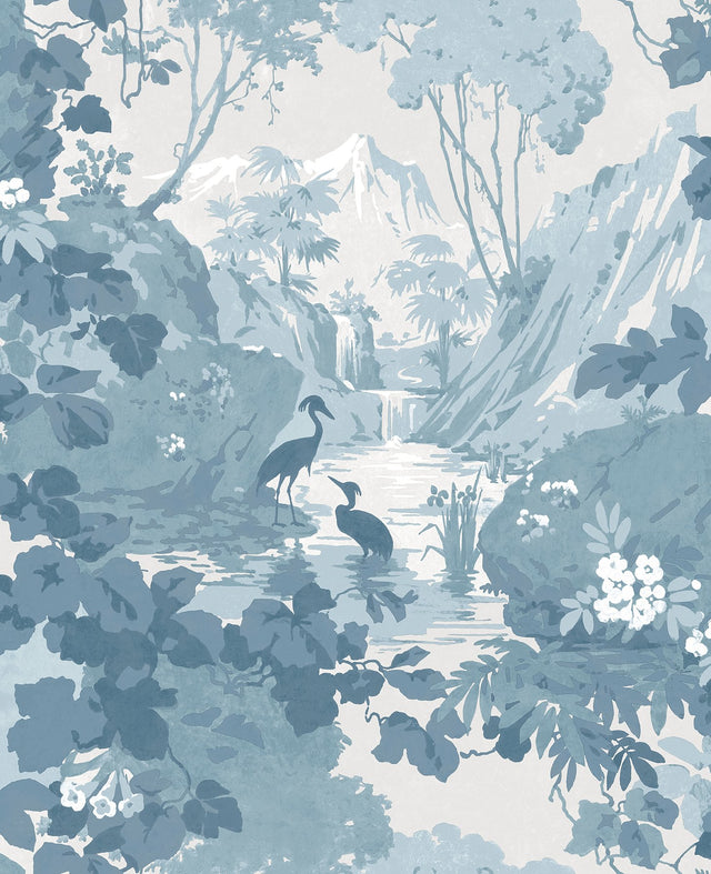 Eeden Blue Crane Lagoon Blue Wallpaper with Botanical Feature Wall Pattern - Brewster M1675