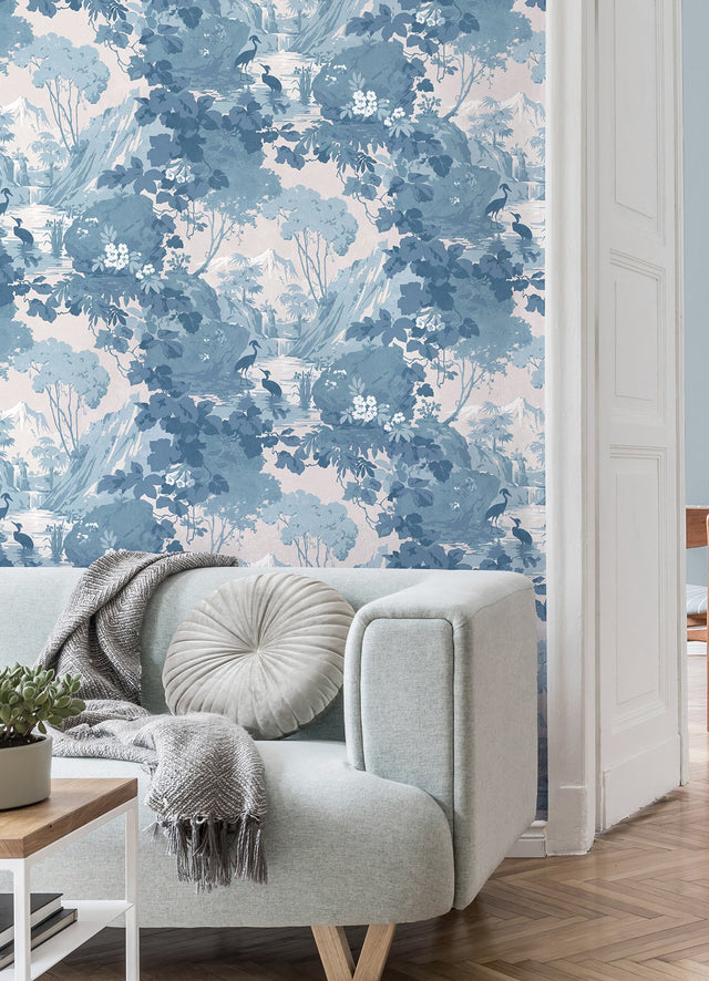 Eeden Blue Crane Lagoon Blue Wallpaper with Botanical Feature Wall Pattern - Brewster M1675