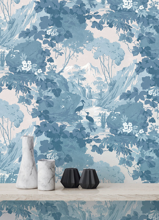 Eeden Blue Crane Lagoon Blue Wallpaper with Botanical Feature Wall Pattern - Brewster M1675