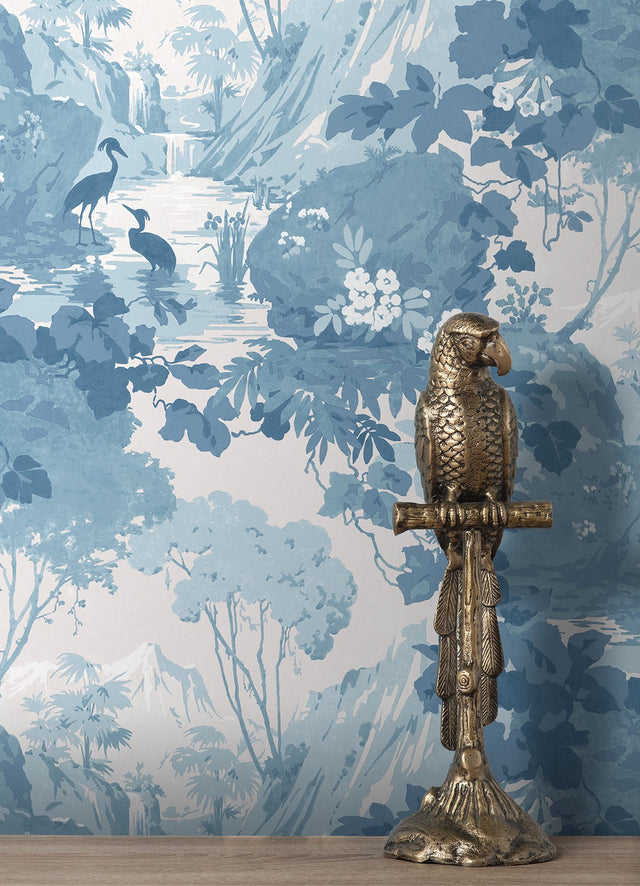 Eeden Blue Crane Lagoon Blue Wallpaper with Botanical Feature Wall Pattern - Brewster M1675