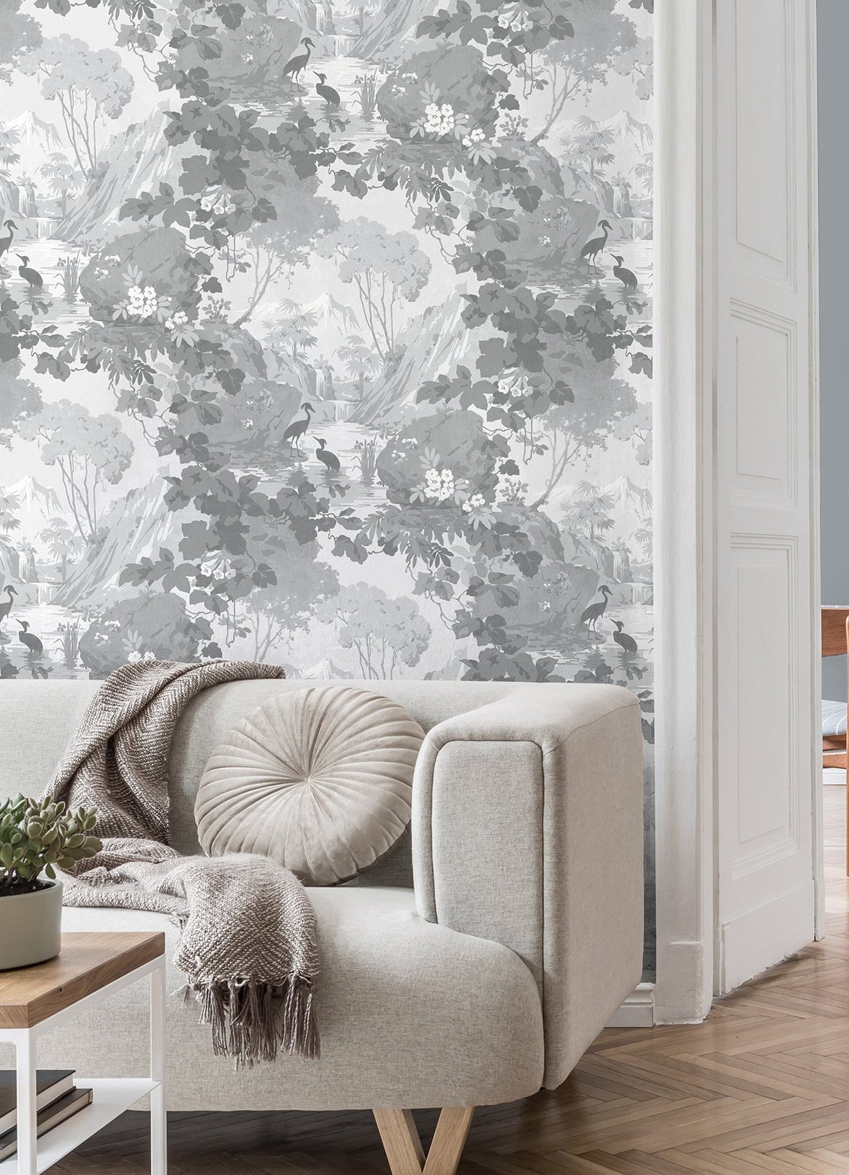 Eeden Grey Crane Lagoon Wallpaper with Botanical Birds Feature Wall - Brewster M1677
