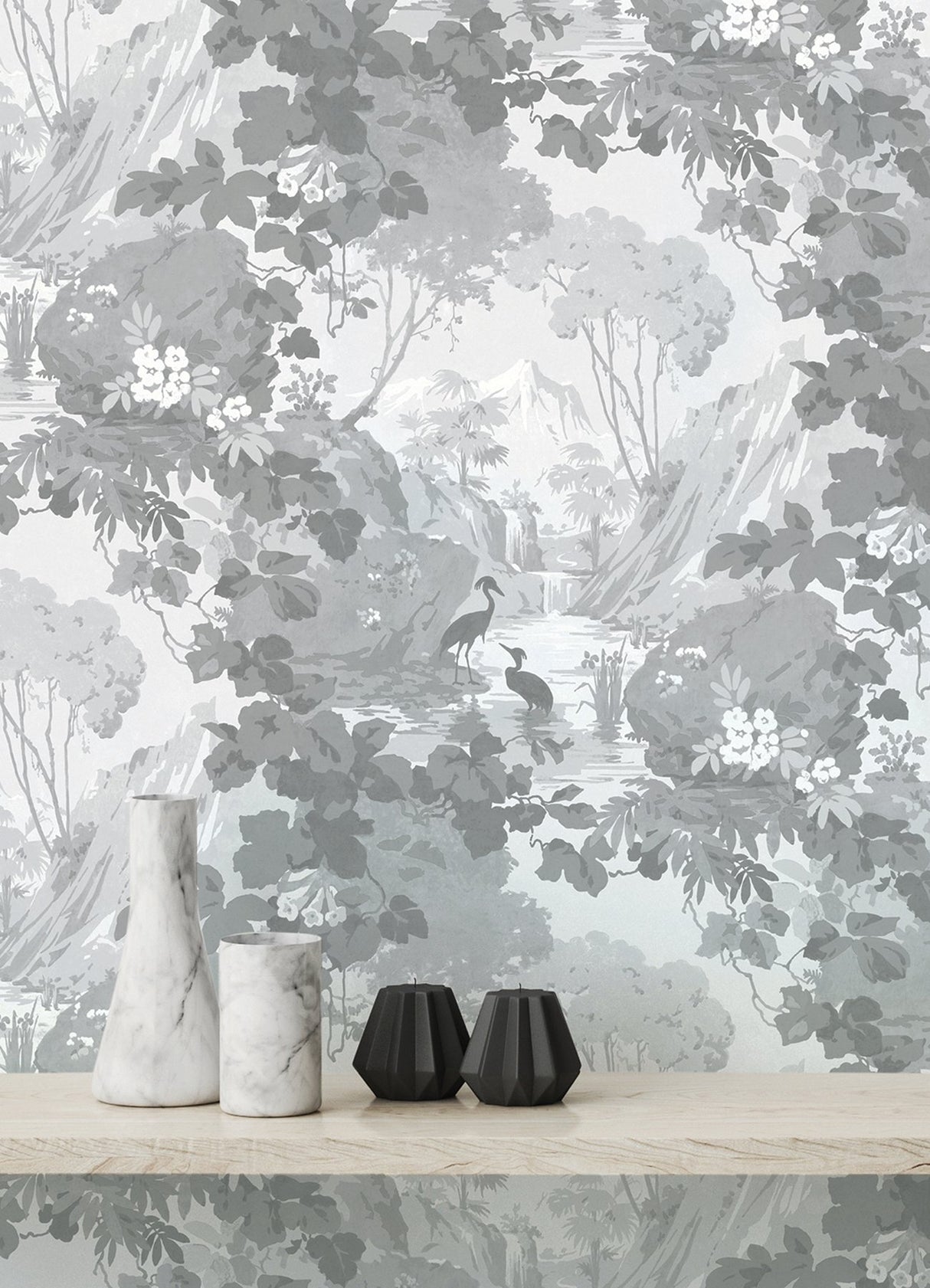 Eeden Grey Crane Lagoon Wallpaper with Botanical Birds Feature Wall - Brewster M1677