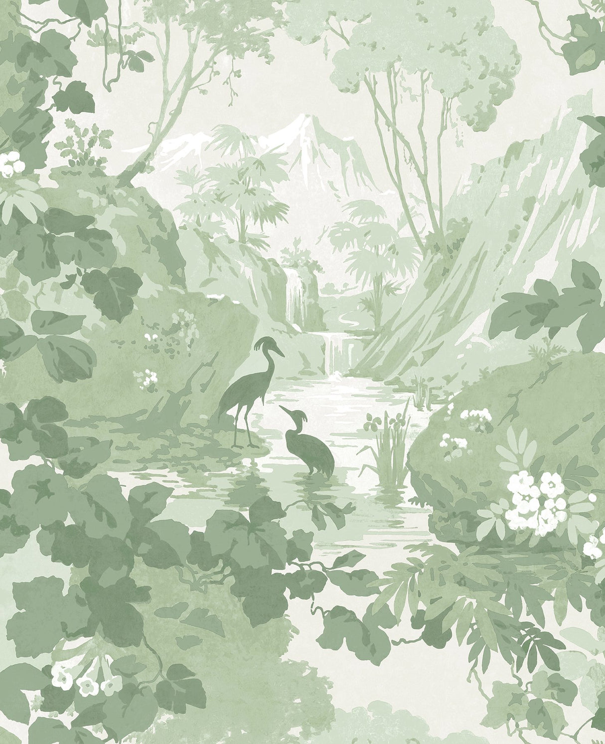 Eeden Crane Lagoon Sage Wallpaper with Botanical Birds Scenic Feature Wall - Brewster M1679