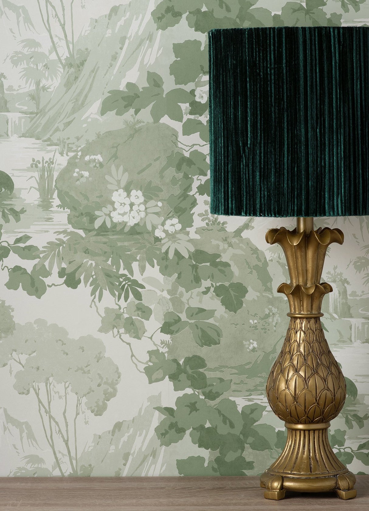 Eeden Crane Lagoon Sage Wallpaper with Botanical Birds Scenic Feature Wall - Brewster M1679