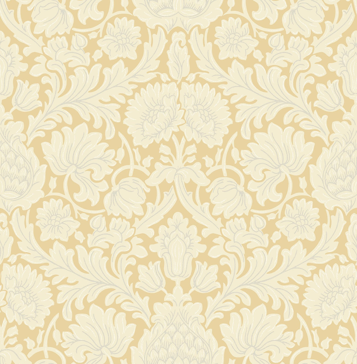 Bamburg Mustard Floral Wallpaper with Botanical Damask Motif - Brewster M1682