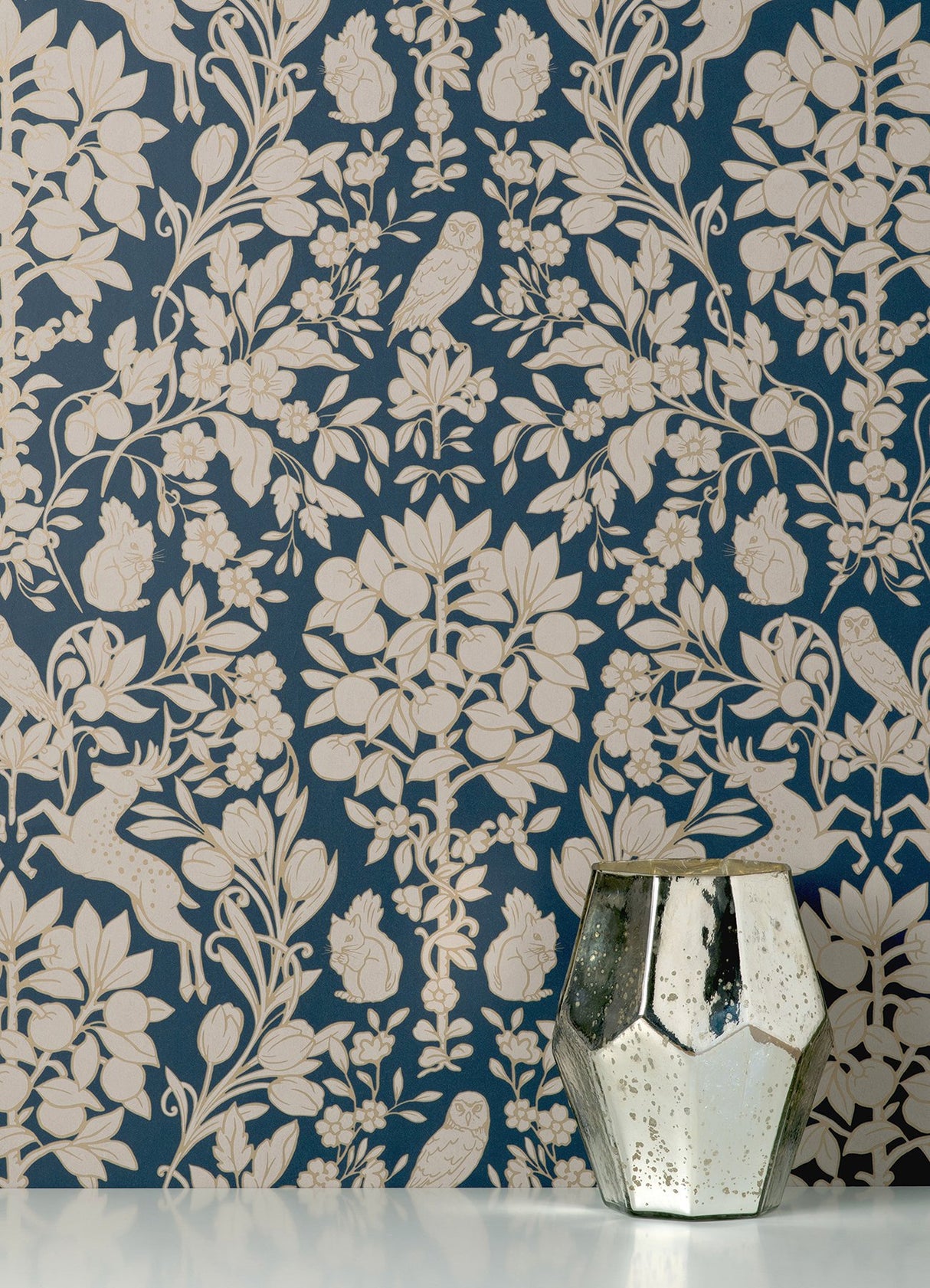 Richmond Blue Floral Wallpaper with Whimsical Botanical Animal Motif - Brewster M1684