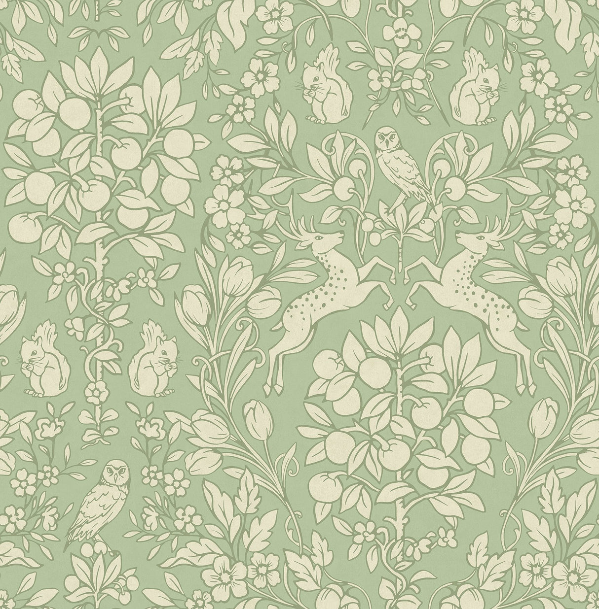 Richmond Sage Floral Wallpaper with Whimsical Botanical Animal Motif - Brewster M1688