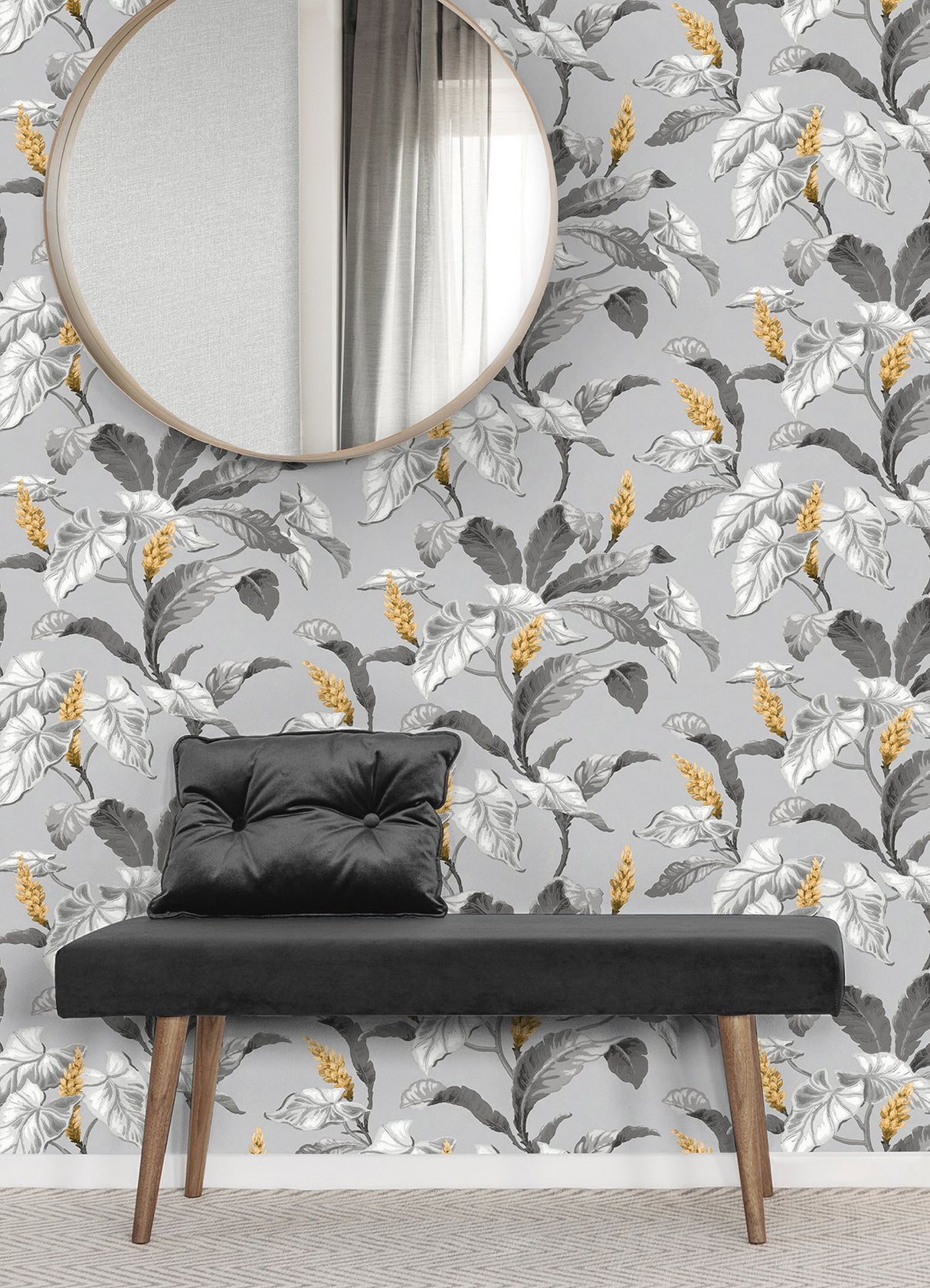 Meridian Parade Grey Tropical Leaves Wallpaper with Botanical Leaves Motif - Brewster M1691