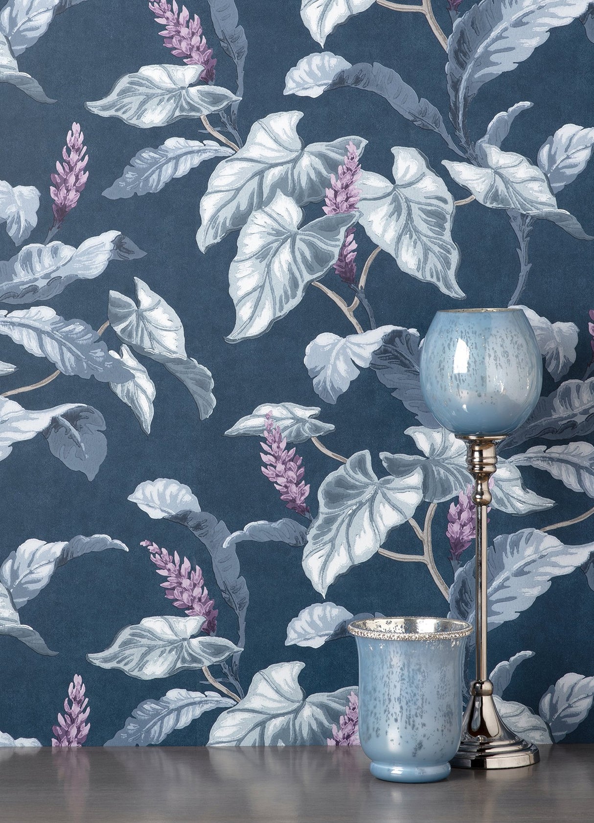 Meridian Parade Blue Tropical Leaves Wallpaper with Botanical Tropical Leaves Pattern - Brewster M1693