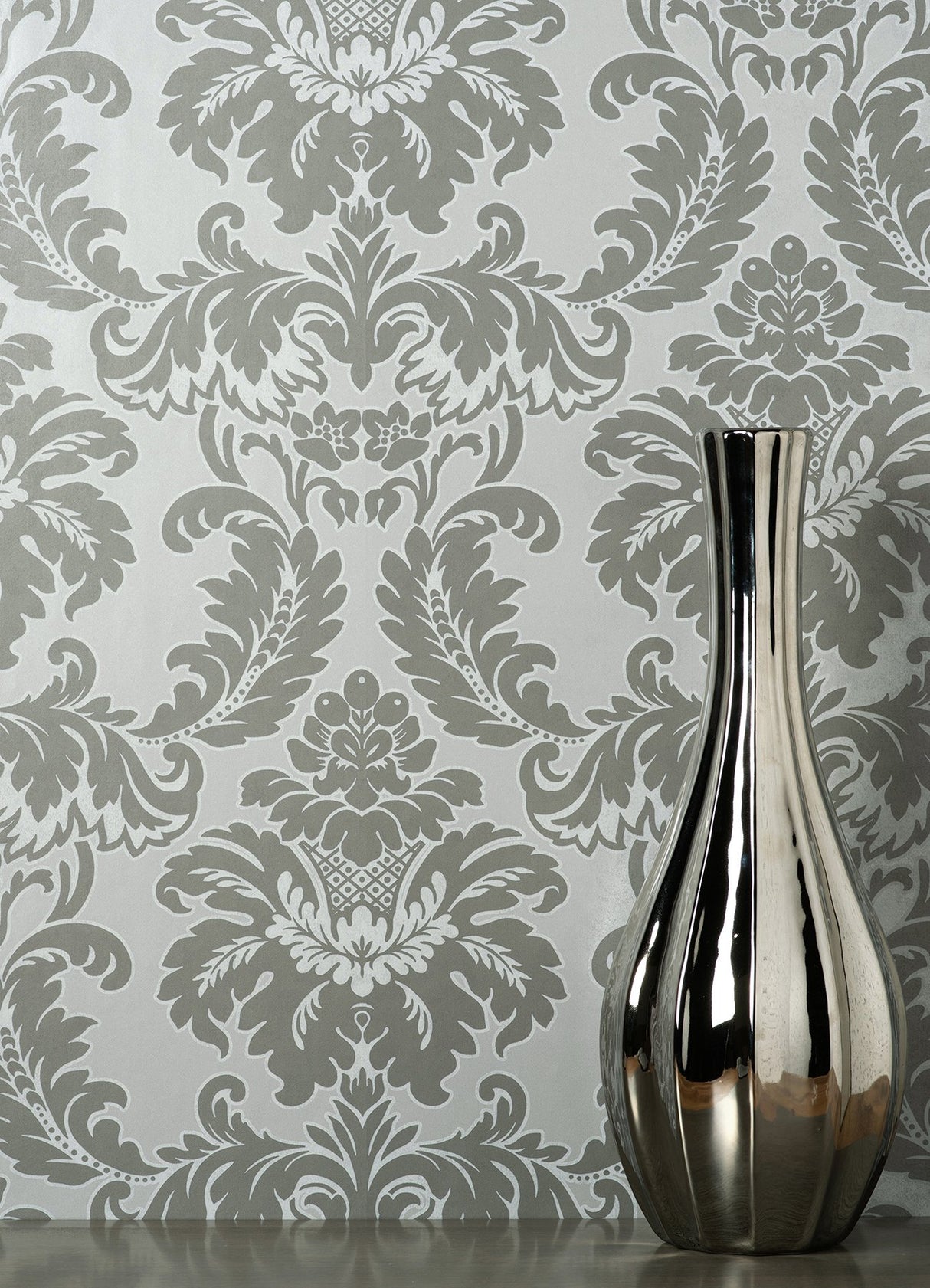 Windsor Grey Damask Wallpaper with Traditional Damask Pattern - Brewster M1705