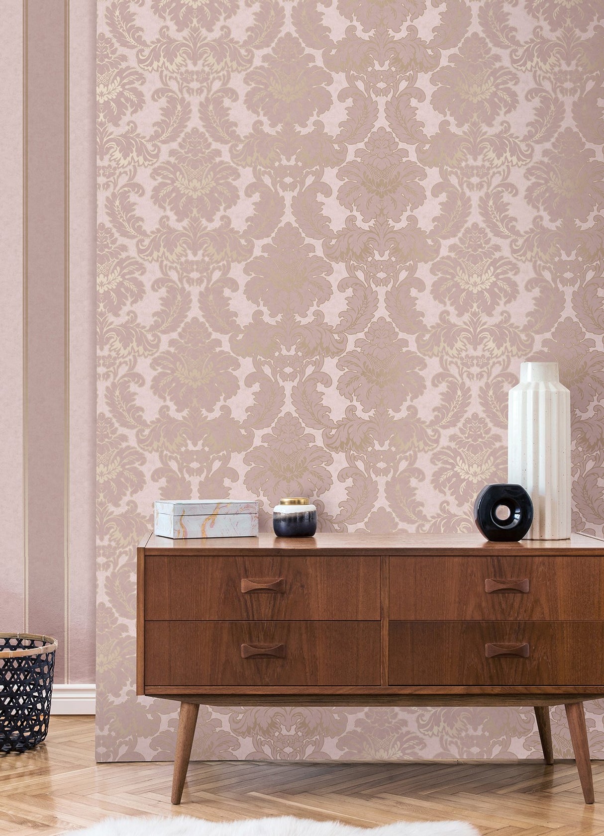 Windsor Pink Damask Wallpaper with Rose Gold Accents - Brewster M1706