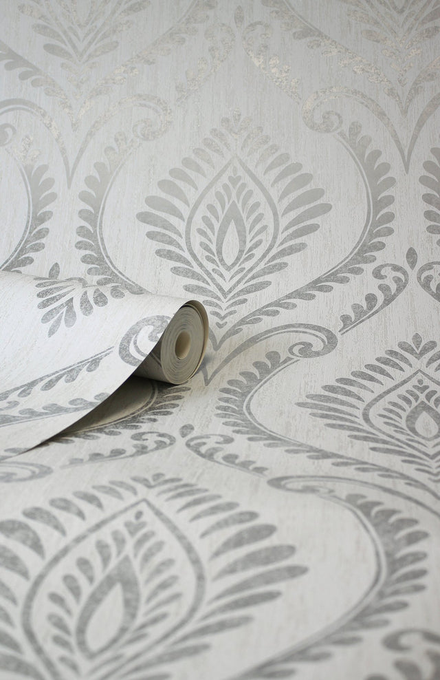 Estelle Grey Damask Wallpaper