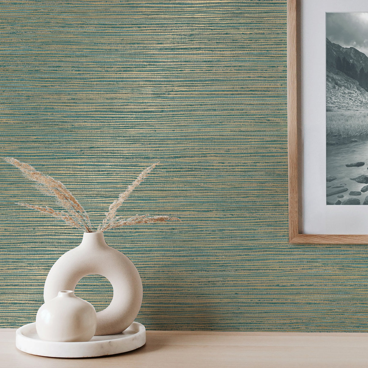 Fusion Teal Faux Grasscloth Modern Wallpaper - Fine Decor M1768