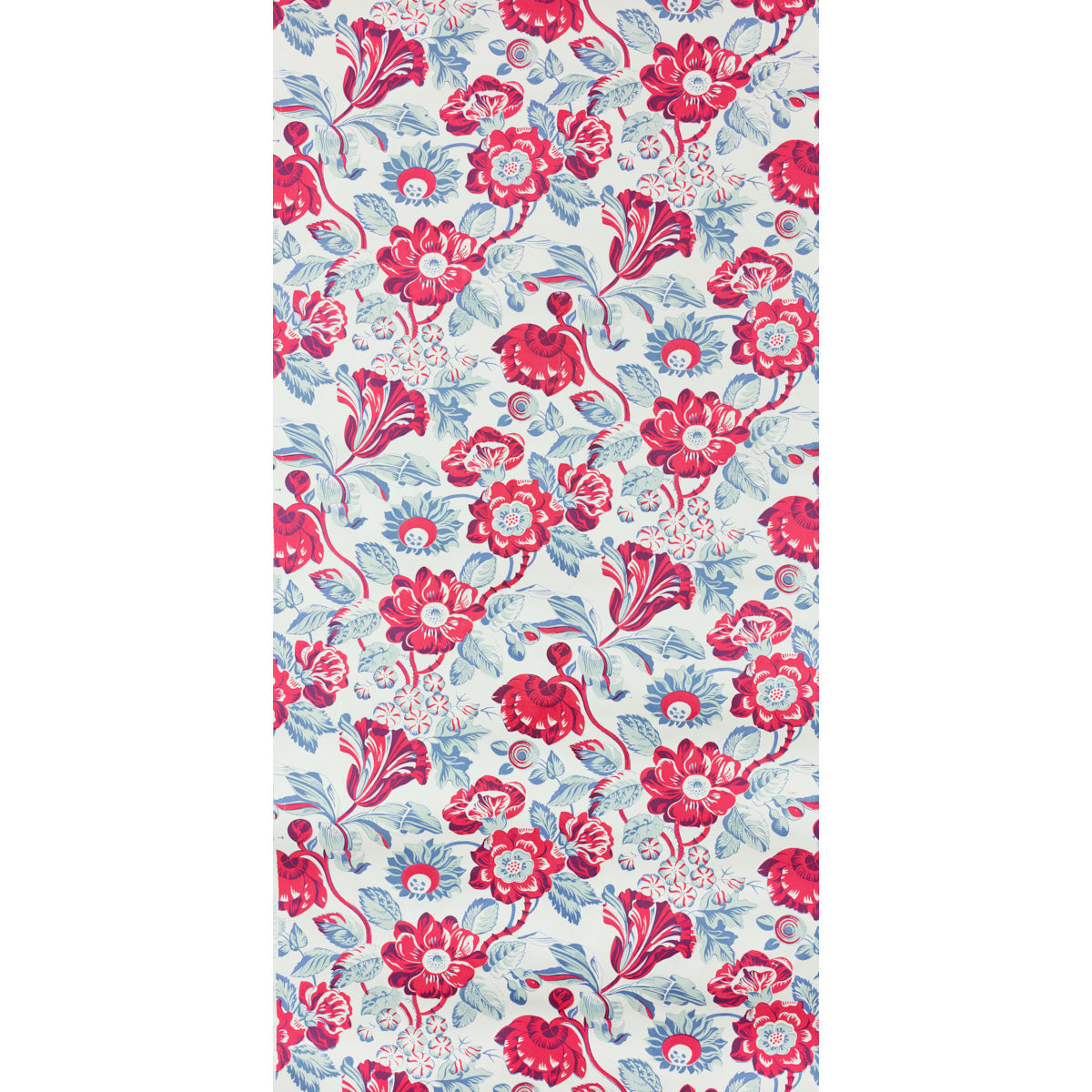 MICHEL wallpaper in Capri by Raoul Textiles for Schumacher, featuring a vibrant hand-printed floral pattern in red and blue tones.