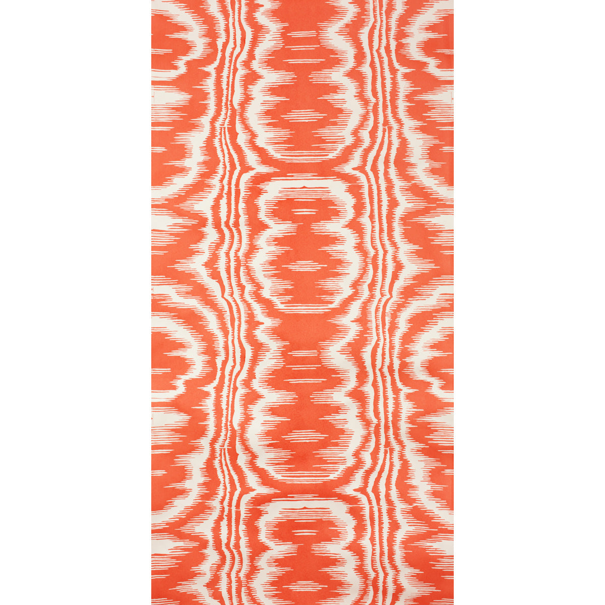 AMORE PIMENTO wallpaper by Raoul Textiles for Schumacher, hand-printed Japanese pulp paper in vibrant orange and white ikat pattern.