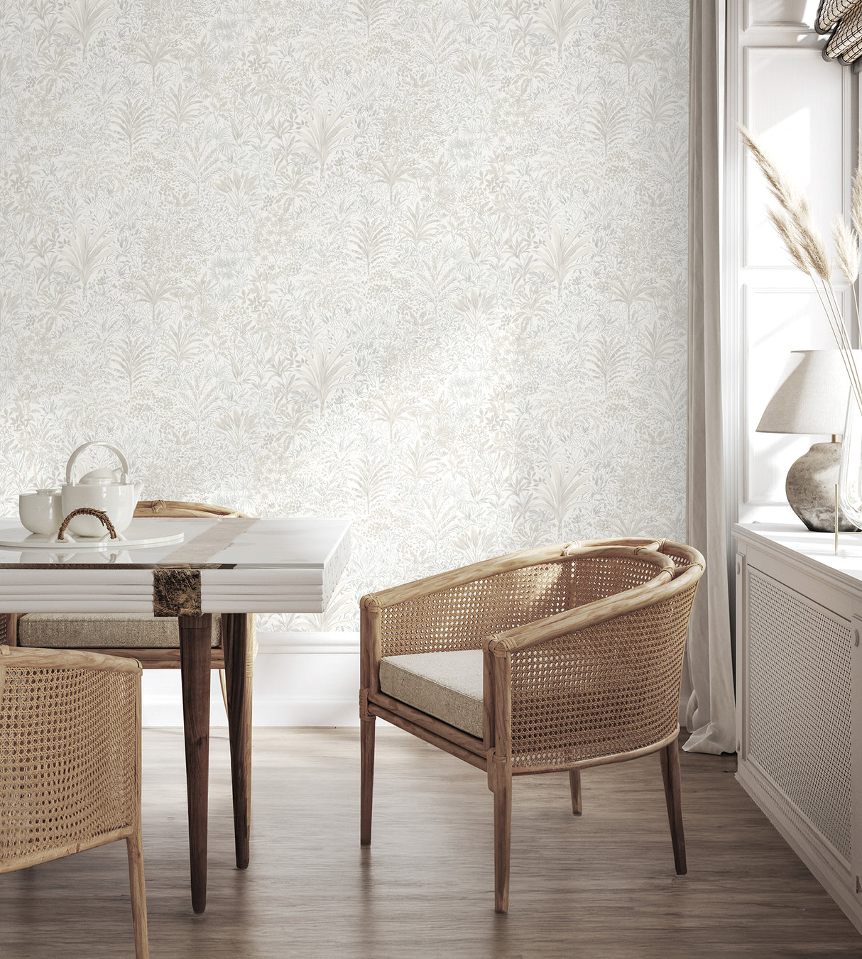 Meilani White & Silver by Fine Decor Palm Landscape Wallpaper – Brewster Home Fashions M95677