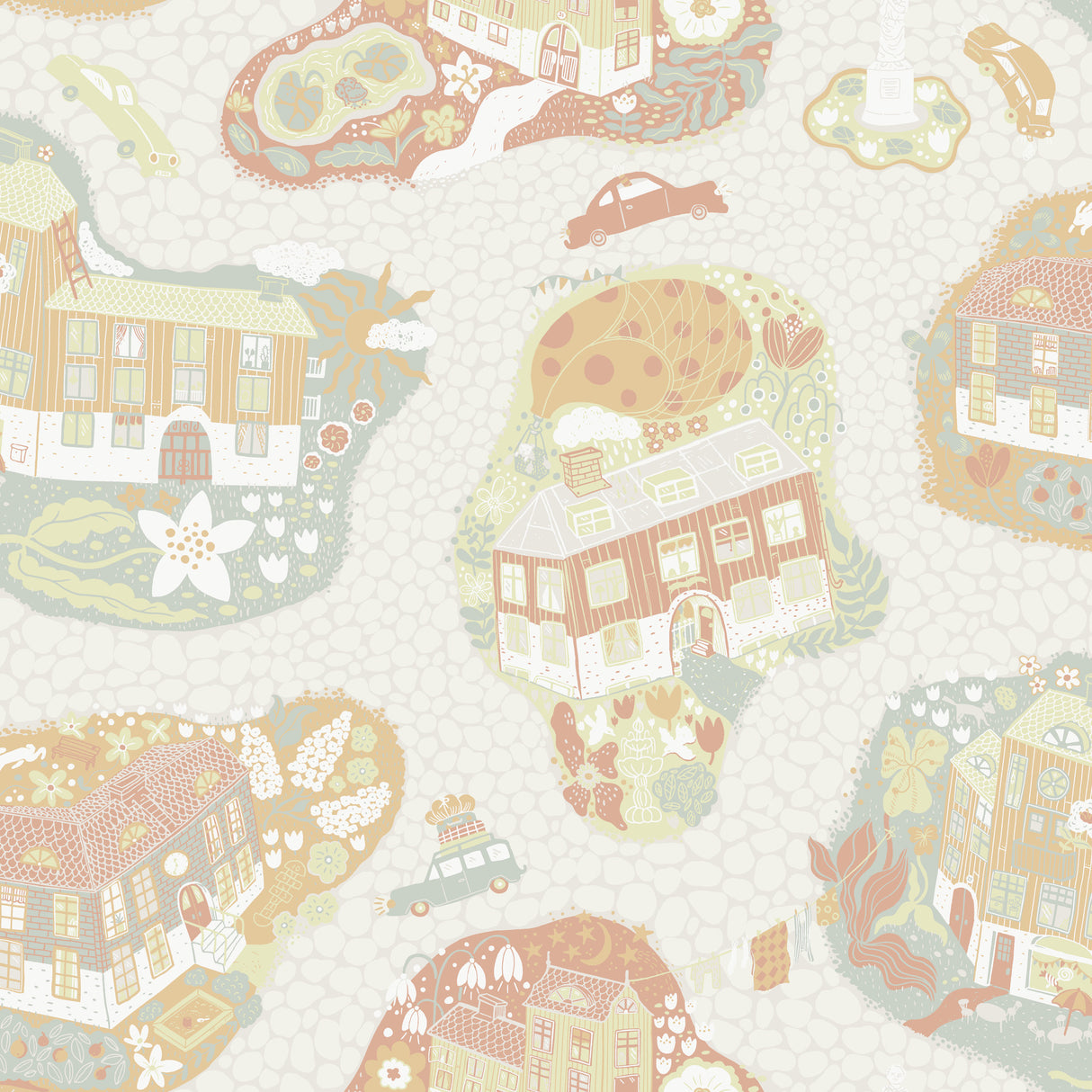 York Wallcoverings Staden Grey Wallpaper featuring whimsical towns, cars, and gardens on a light grey background.