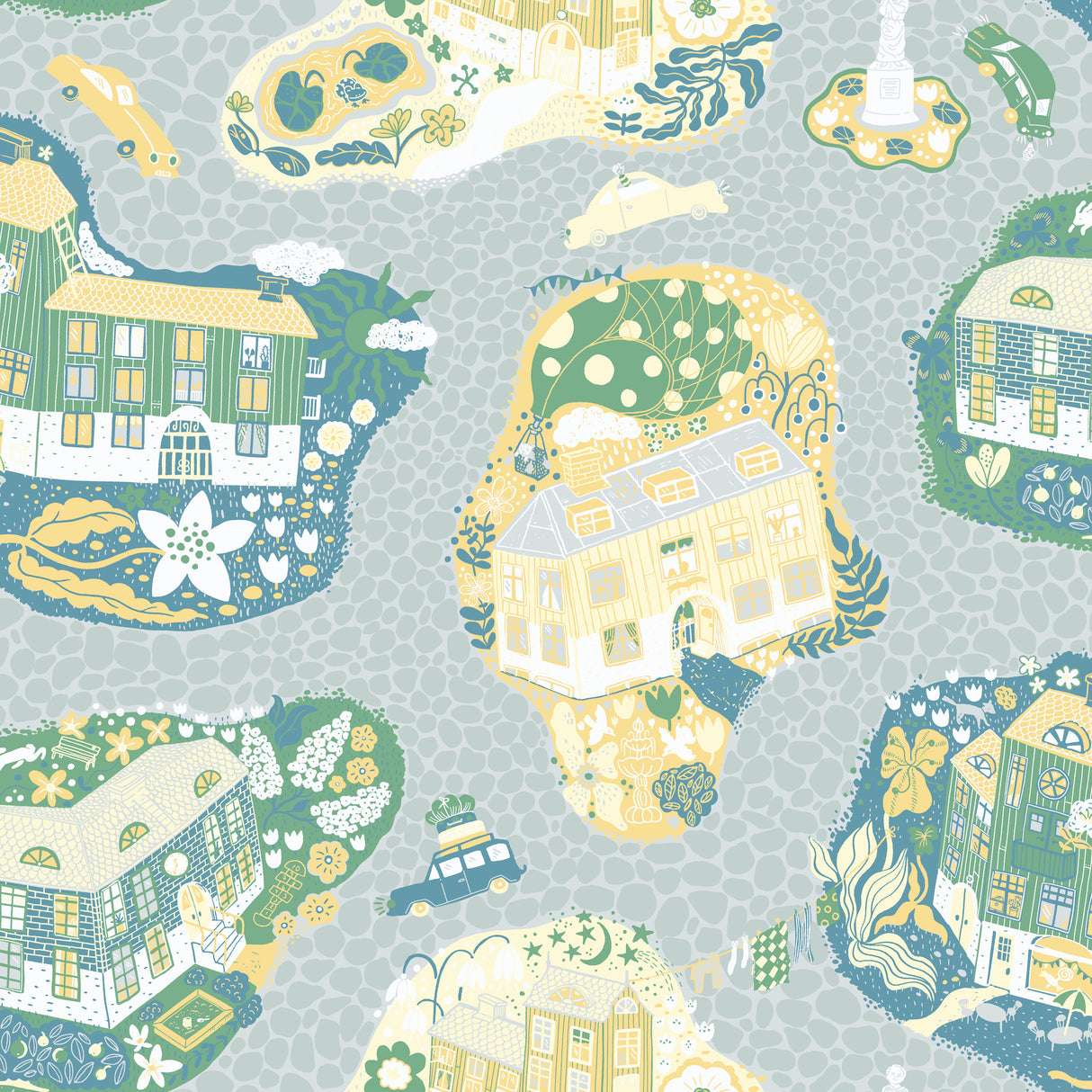 Staden Light Blue whimsical town and cars wallpaper by York Wallcoverings