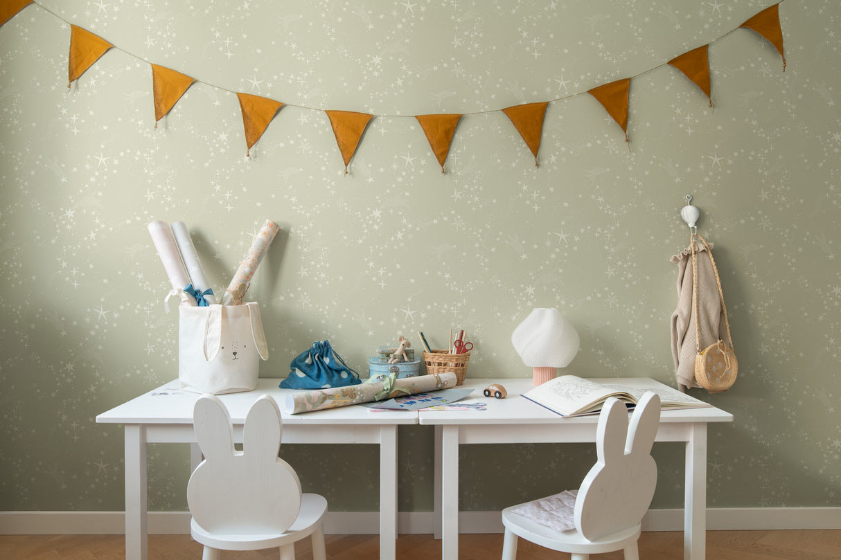 Stjarnhimmel Light Green by York Wallcoverings Whimsical Starry Night Non Woven Wallpaper – York Wallcoverings MB29021