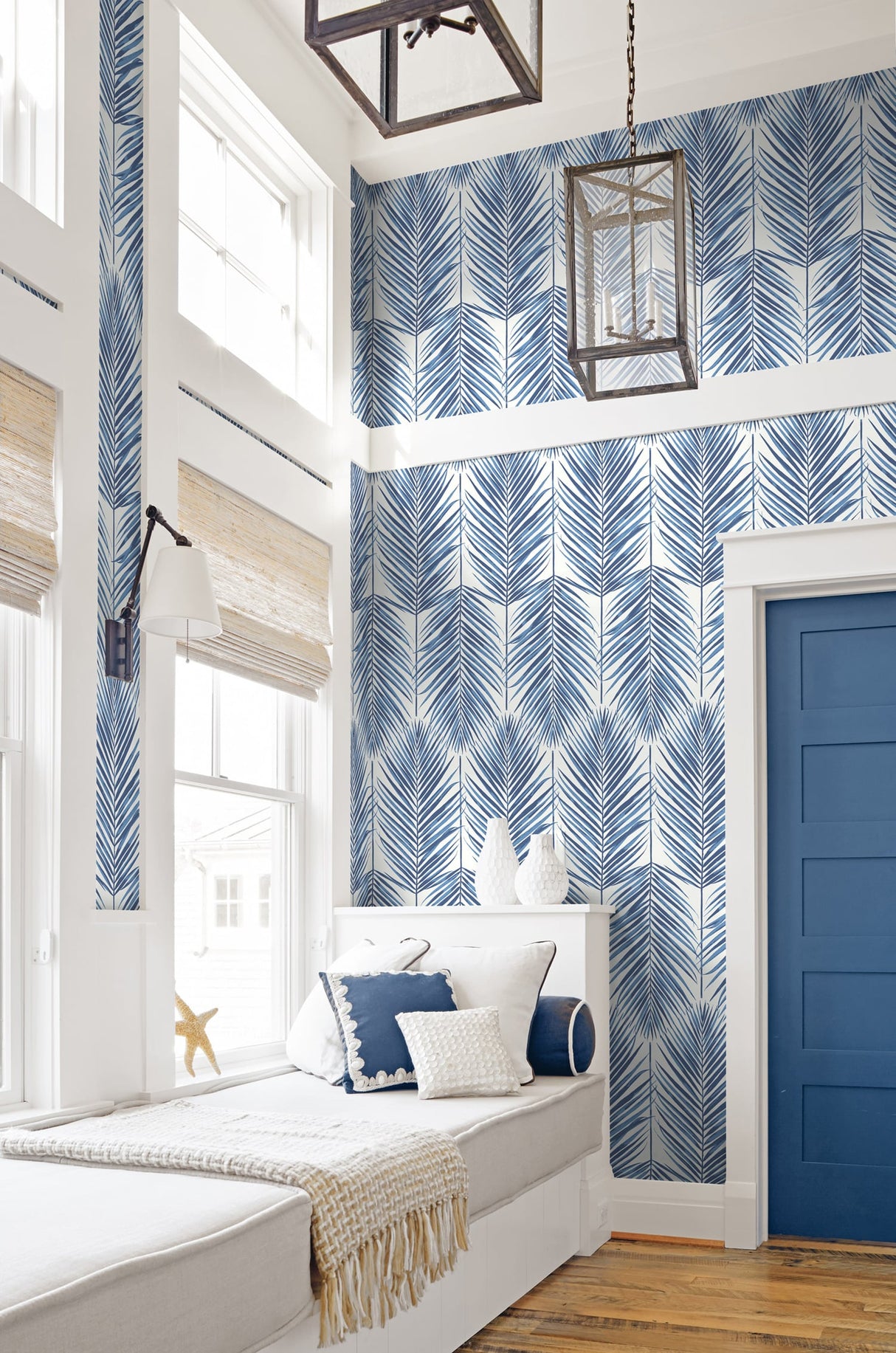 Paradise Palm Coastal Blue by Beach House Palm Leaf Wallpaper – Seabrook Designs MB30002