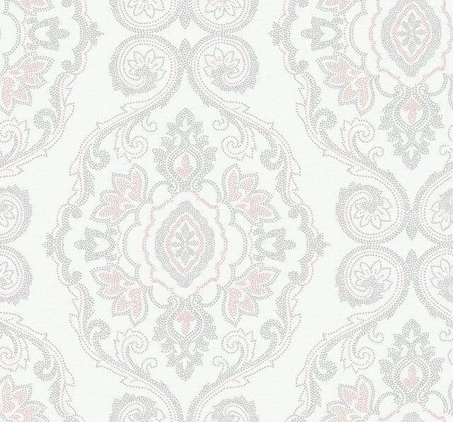 Nautical Damask wallpaper in Pink Sunset with dotted damask medallions