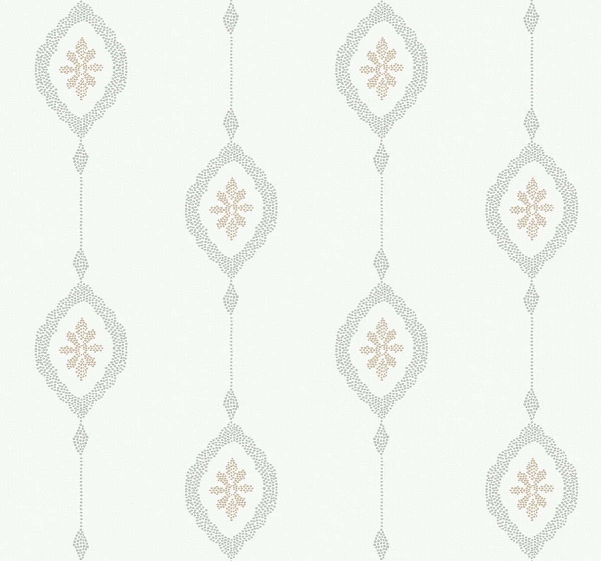 Coastal geometric stripe wallpaper with dotted medallion motifs in beige and gray on a light background.