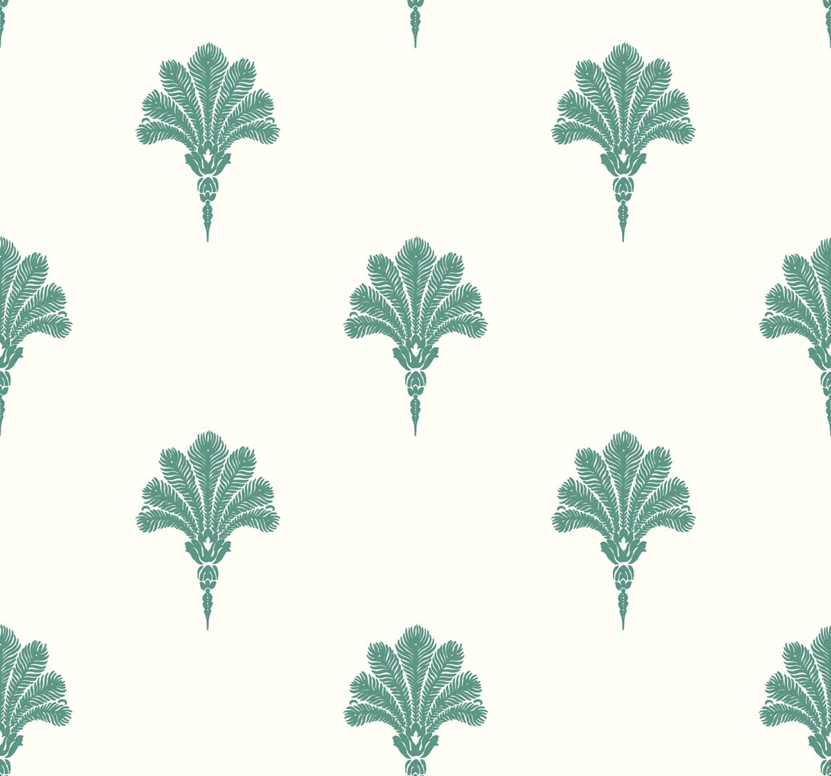 Summer Fan wallpaper in Tropic Green with repeating palm fan motif on an off-white ground