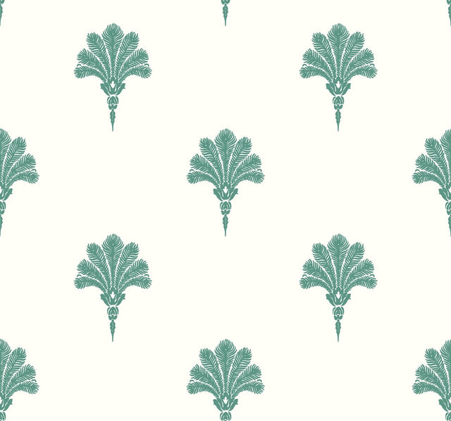 Summer Fan wallpaper in Tropic Green with repeating palm fan motif on an off-white ground