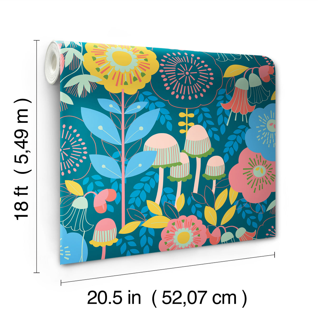 Dream Garden Teal by NuWallpaper Whimsical Retro-Inspired Botanical Floral and Mushroom Peel and Stick Wallpaper - MCS6397