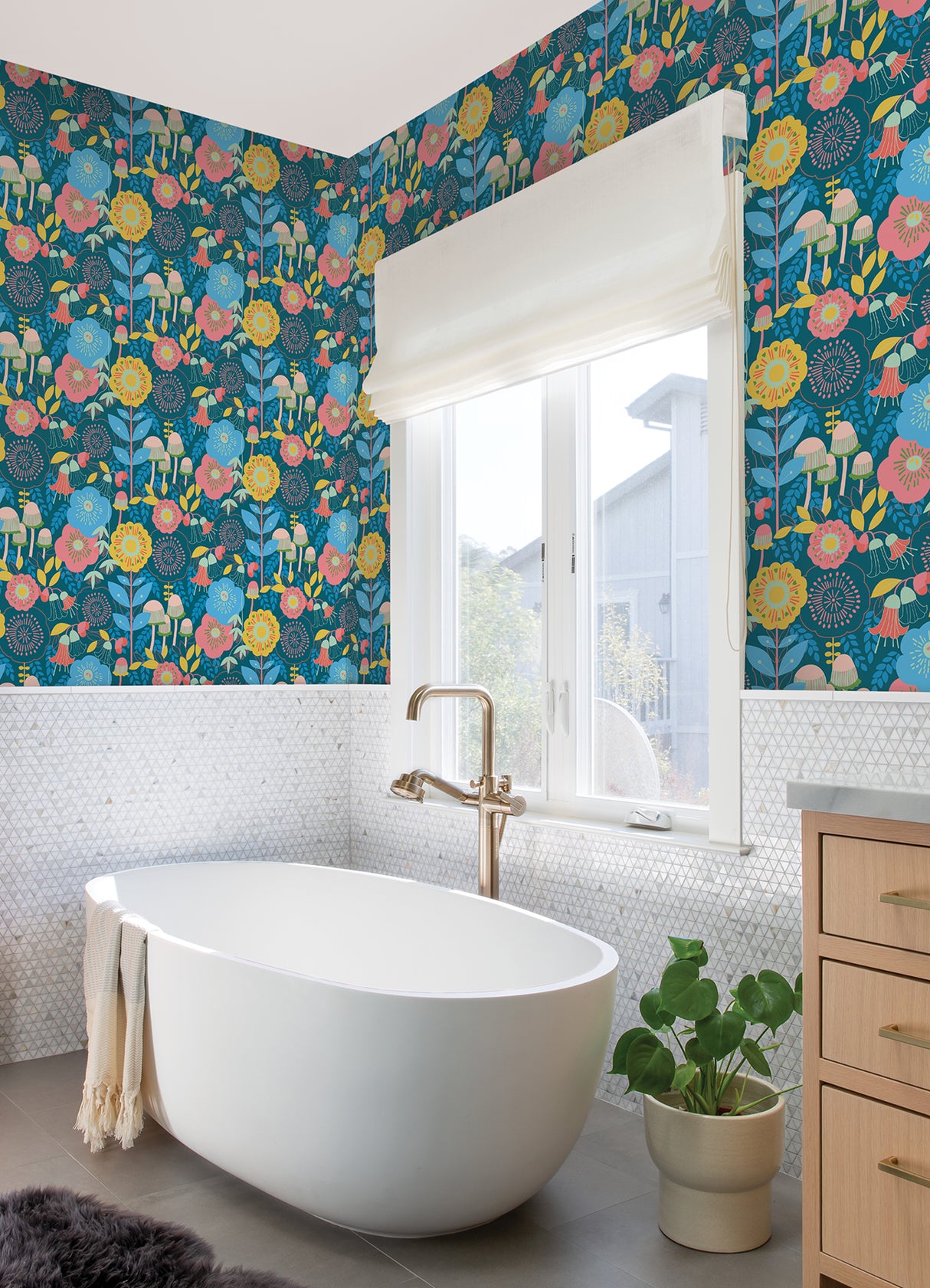Dream Garden Teal by NuWallpaper Whimsical Retro-Inspired Botanical Floral and Mushroom Peel and Stick Wallpaper - MCS6397