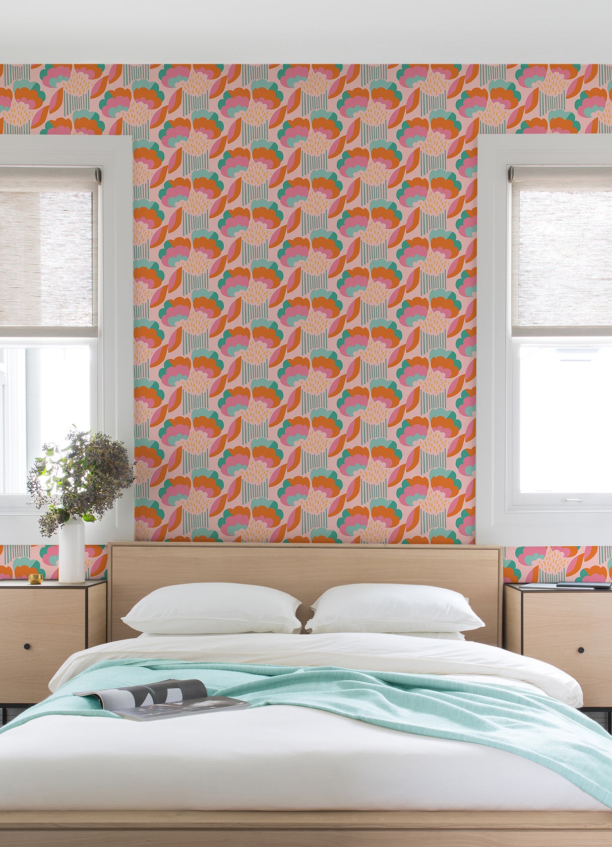 Retro Esme Pink by NuWallpaper Megan Carter Bold Whimsical Retro Botanical Floral Fully Removable Peel and Stick Wallpaper Roll - MCS6401