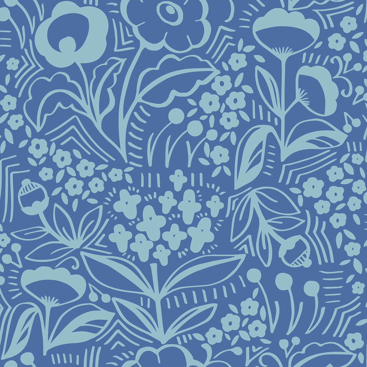 Jeani Blue Peel and Stick Wallpaper by NuWallpaper featuring retro-inspired botanical floral linework in blue tones, designed by Megan Carter