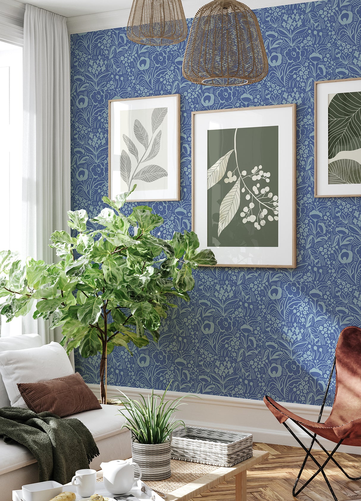 Jeani Blue by NuWallpaper Vibrant Retro Inspired Blue Botanical Floral Linework Peel and Stick Wallpaper Designed by Megan Carter - MCS6402