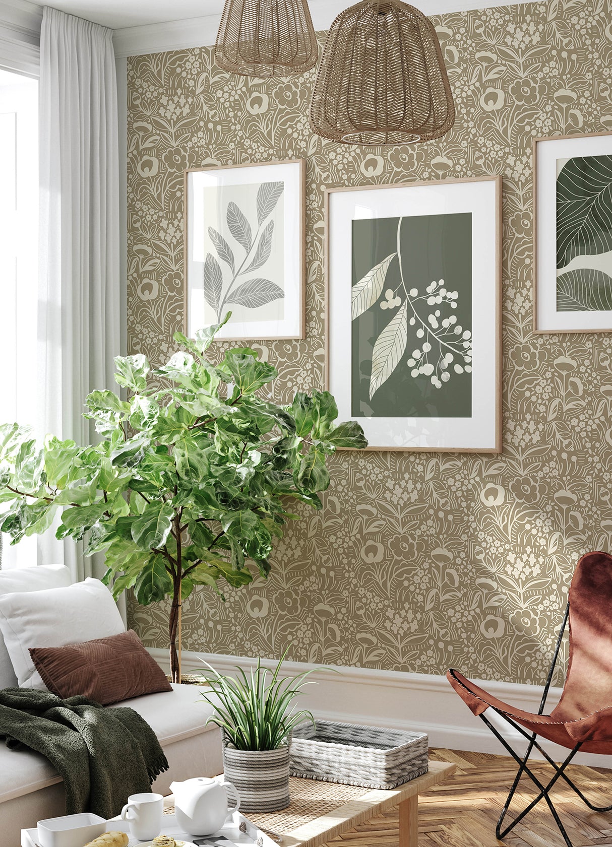 Jeani Light Brown by NuWallpaper Megan Carter Whimsical Botanical Floral Linework Peel and Stick Wallpaper - MCS6403